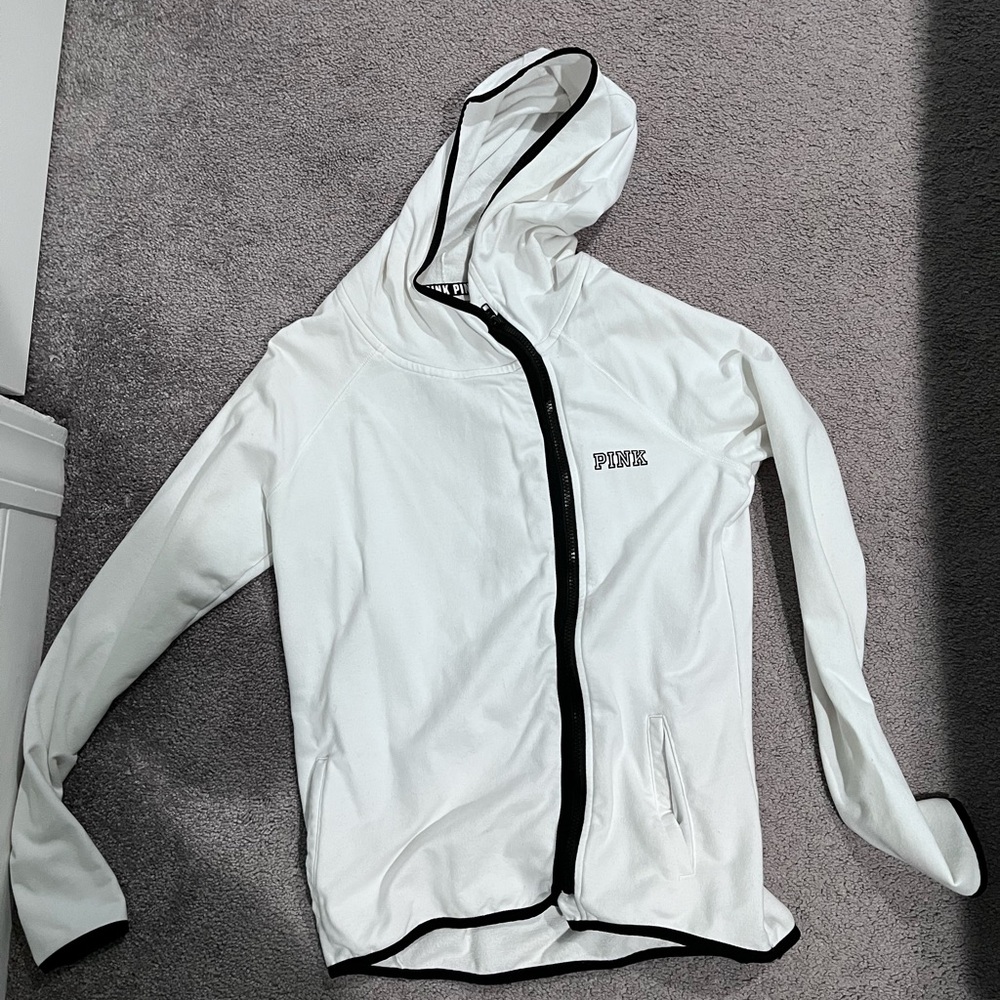 White Zip-Up Hoodie with Black Trim